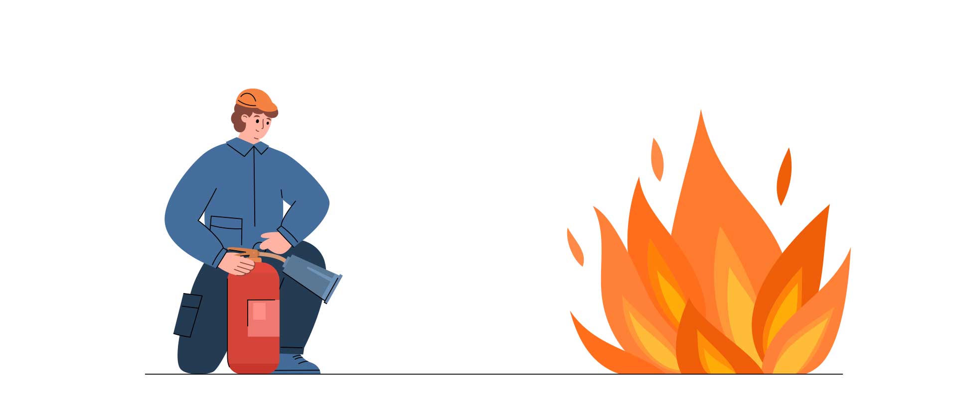 Ilustración de hombre frente al fuego, sosteniendo un extintor