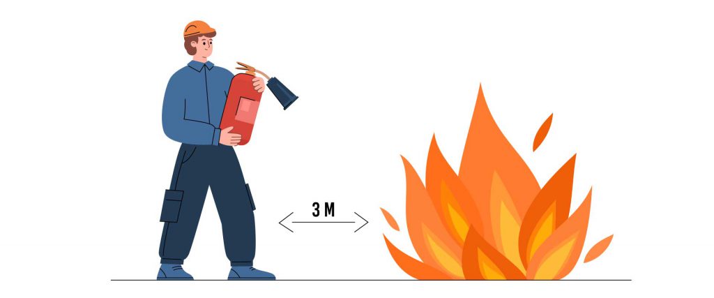 Ilustración de un hombre con un extintor, colocándose a tres metros de distancia del fuego
