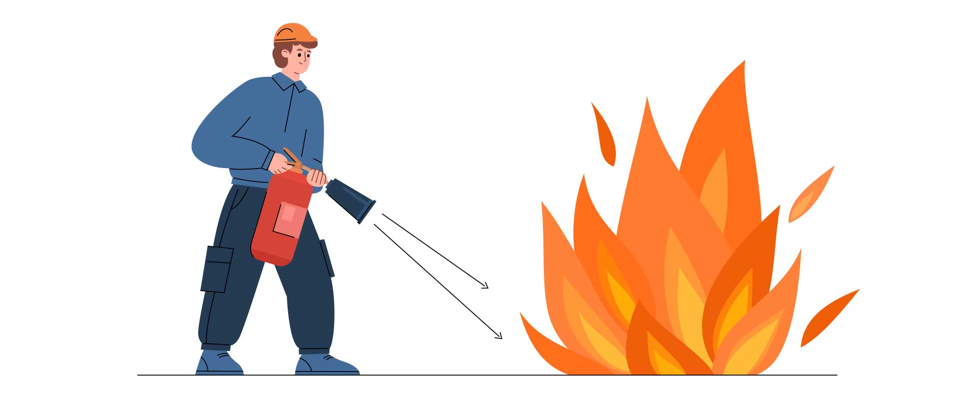Ilustración de un hombre apuntando con un extintor a la base del fuego