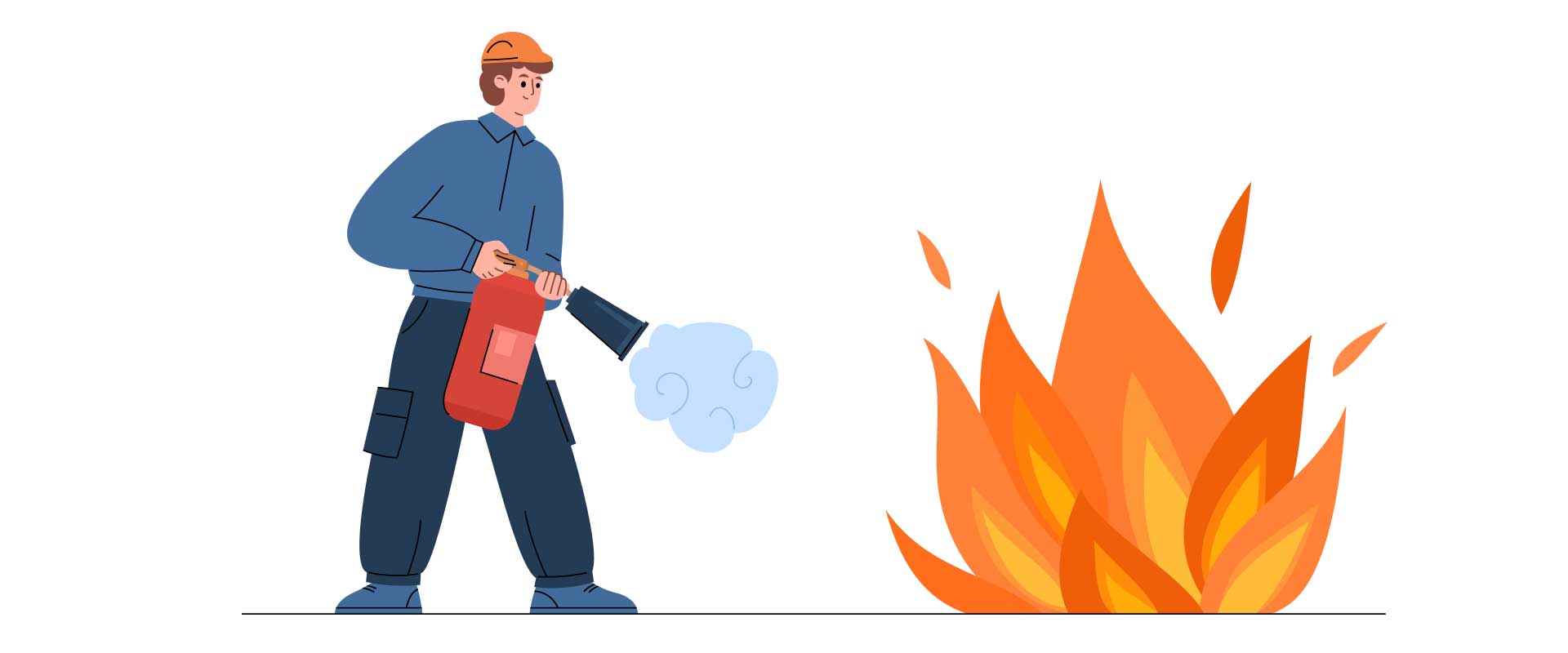 Ilustración de un hombre apagando el fuego con un extintor