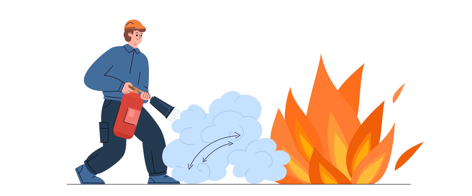 Ilustración de un hombre apagando el fuego con un extintor, haciendo movimientos de zig-zag
