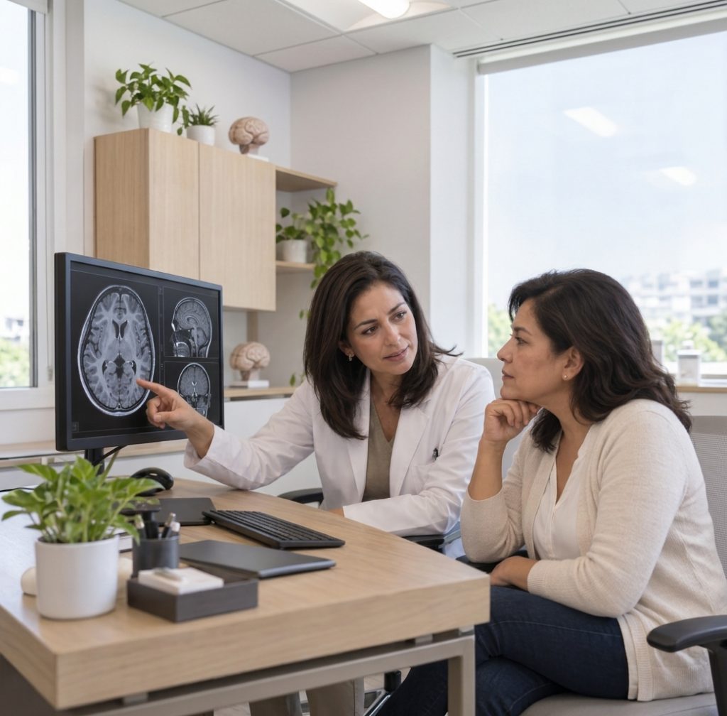 Consulta médica donde una doctora le explica una resonancia cerebral a una paciente.