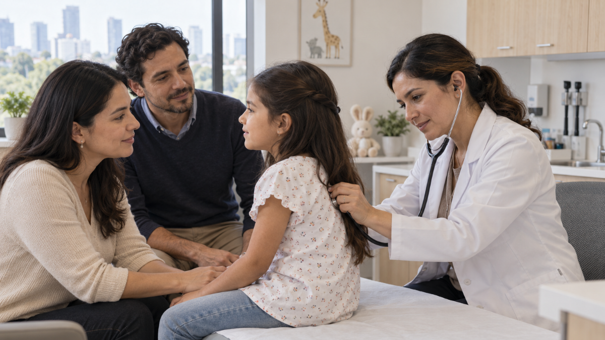 Pediatra examinando a una niña en consulta acompañada por sus padres.